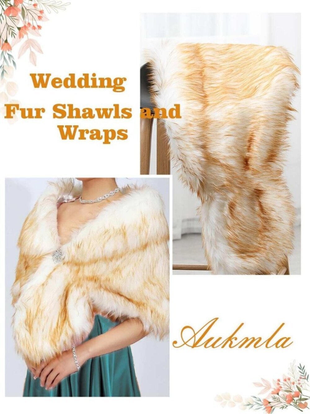 Women's White-champag Faux Fur Shawl Rhinestones Brooch Stylish Wraps and Shawls - Picture 6 of 7